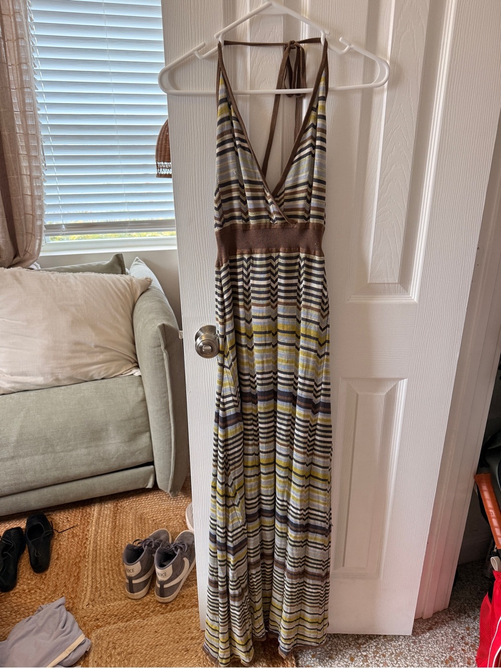 Vintage BCBGMaxAzria Striped Halter Maxi Dress in Brown, Olive and Cream